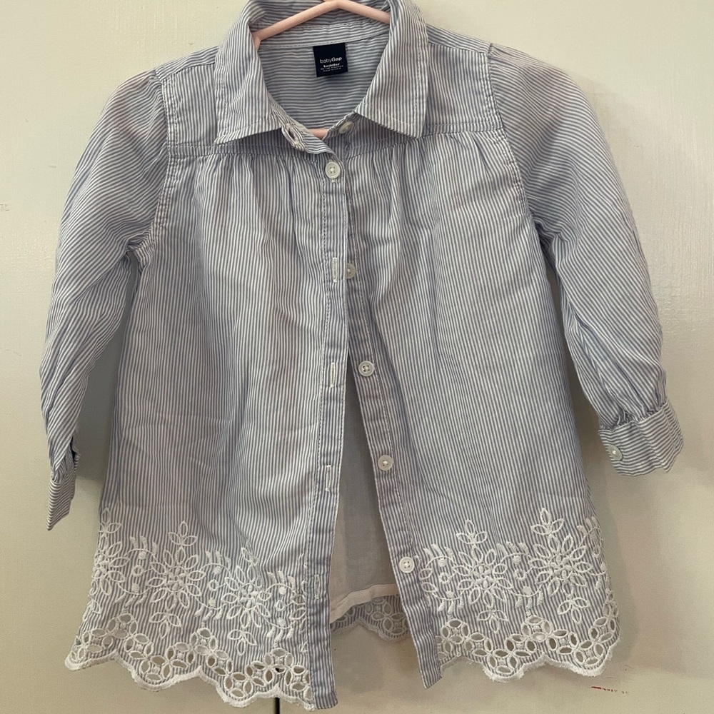 GAP Blue and White Button Down Shirt Dress with Lace Trim